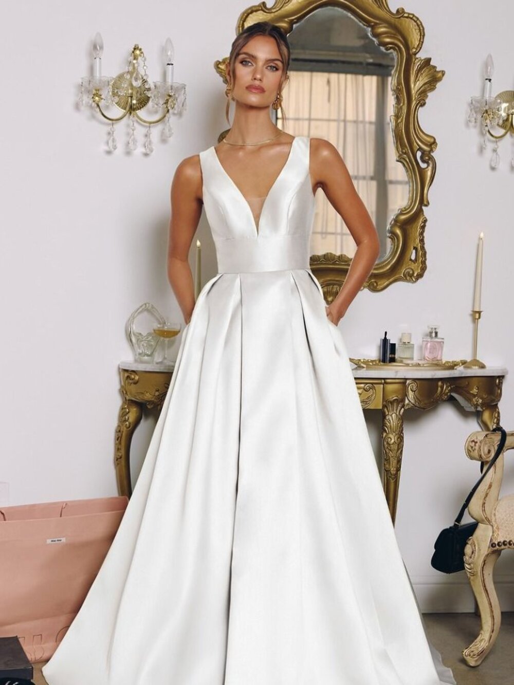 New Off White Elegant Mikado Long Wedding Dress w/ Zipper Back CD T814W